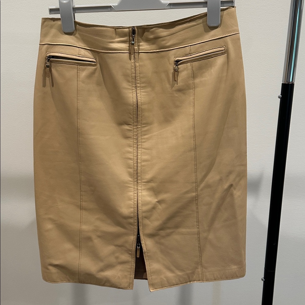Collection B Beige Pencil Skirt with Zipper Accents. 100% Leather Shell